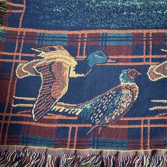 Golden Retriever Hunting Scene Tapestry Woven Throw Blanket Ducks Pheasant plaid - Picture 3 of 7